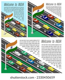Isometrische Flagge von Indianern auf Fahnenmast flattern im Wind. Über die indische Landesgrenze fahren Autos. Informationssatz, horizontaler, quadratischer und vertikaler Vektorbanner, Vorlagen zum Drucken
