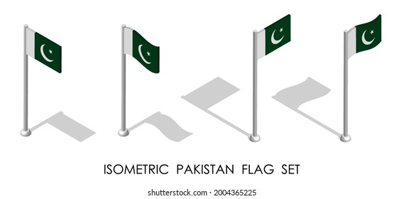 isometric flag of Islamic Republic of Pakistan in static position and in motion on flagpole. 3d vector