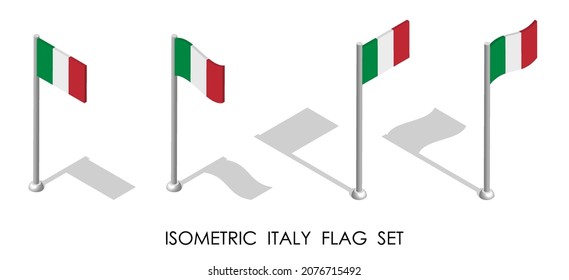 isometric flag of Italian Republic in static position and in motion on flagpole. 3d vector