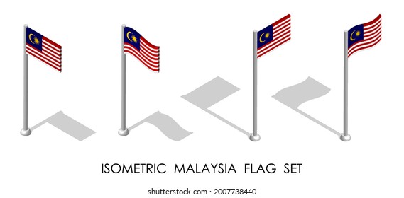 bandera isométrica de malasia en posición estática y en movimiento sobre asta. 3.ᵉʳ vector