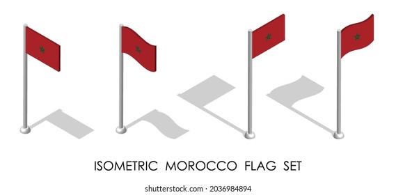 isometric flag of MOROCCO in static position and in motion on flagpole. 3d vector