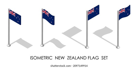 isometric flag of NEW ZEALAND in static position and in motion on flagpole. 3d vector