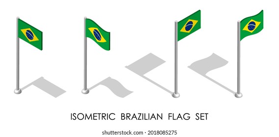 isometric flag of Republic of Brazil in static position and in motion on flagpole. 3d vector