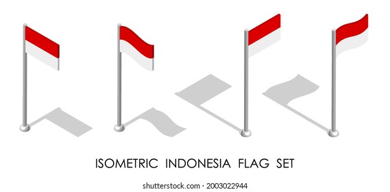 isometric flag of Republic of Indonesia in static position and in motion on flagpole. 3d vector