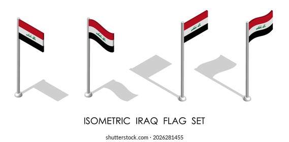 isometric flag of Republic of IRAQ in static position and in motion on flagpole. 3d vector