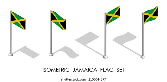 isometrische Flagge der Republik JAMAICA in statischer Position und in Bewegung auf Flagpol. 3D-Vektorgrafik