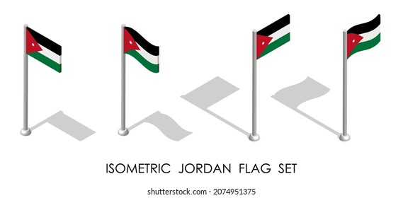 bandera isométrica de la República de JORDANIA en posición estática y en movimiento sobre asta de bandera. 3.ᵉʳ vector