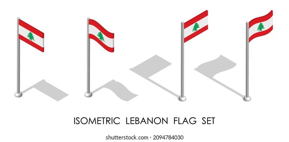 isometric flag of Republic of LEBANON in static position and in motion on flagpole. 3d vector