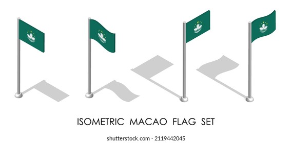 isometrische Flagge der Republik Macau in statischer Position und in Bewegung auf Flagpol. 3D-Vektorgrafik