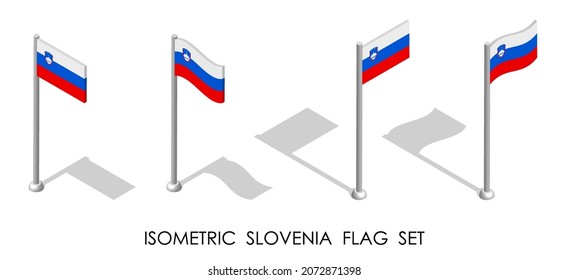 isometric flag of Republic of SLOVENIA in static position and in motion on flagpole. 3d vector
