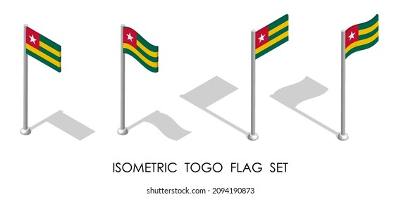 Bandera isométrica de la República de TOGO en posición estática y en movimiento sobre asta. 3.ᵉʳ vector