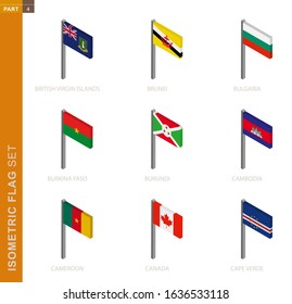 Isometric flag set, Flagpole in Isometric dimension. Collection of nine 3D vector flags.