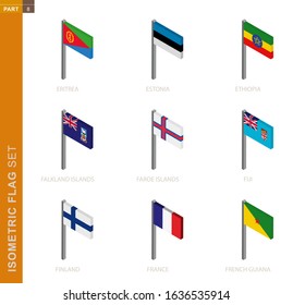 Isometric flag set, Flagpole in Isometric dimension. Collection of nine 3D vector flags.