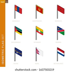 Isometric flag set, Flagpole in Isometric dimension. Collection of nine 3D vector flag.