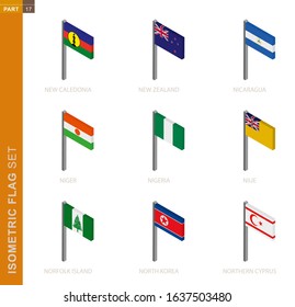 Isometric flag set, Flagpole in Isometric dimension. Collection of nine 3D vector flag.