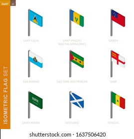 Isometric flag set, Flagpole in Isometric dimension. Collection of nine 3D vector flag.