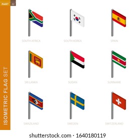 Isometric flag set, Flagpole in Isometric dimension. Collection of nine 3D vector flag.