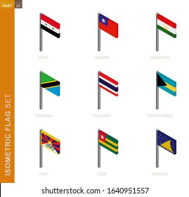 Isometric flag set, Flagpole in Isometric dimension. Collection of nine 3D vector flag.
