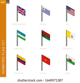 Isometric flag set, Flagpole in Isometric dimension. Collection of nine 3D vector flag.