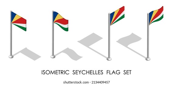 isometric flag of SEYCHELLES in static position and in motion on flagpole. 3d vector
