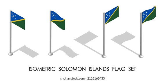 isometrische Flagge von SOLOMON INSELN in statischer Position und in Bewegung auf Flagpol. 3D-Vektorgrafik