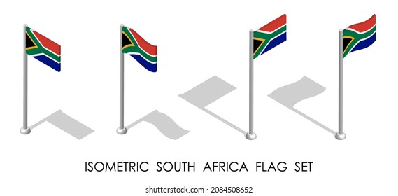 isometric flag of SOUTH AFRICA in static position and in motion on flagpole. 3d vector