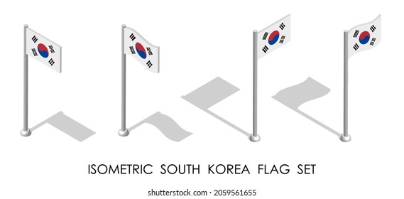 isometric flag of SOUTH KOREA in static position and in motion on flagpole. 3d vector