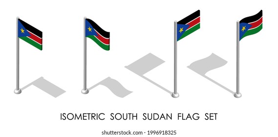isometric flag of South Sudan in static position and in motion on flagpole. 3d vector