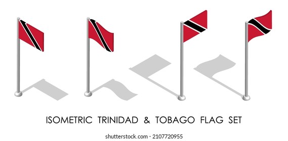 isometrische Flagge von TRINIDAD AND TOBAGO in statischer Position und in Bewegung auf Flagpol. 3D-Vektorgrafik
