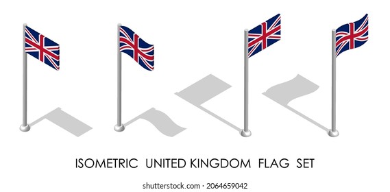 isometrische Flagge des Vereinigten Königreichs Großbritannien und Nordirland in statischer Position und in Bewegung auf Flagpol. 3D-Vektorgrafik