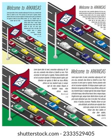 Isometric flag of US state of Arkansas on flagpole fluttering in wind. Crossing of Arkansas border by car travels. Set of information horizontal, square and vertical vector banner, templates printing