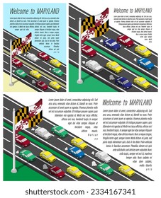 Isometric flag of US state of Maryland on flagpole fluttering in wind. Crossing of Maryland border by car travels. Set of information horizontal, square and vertical vector banner, templates printing