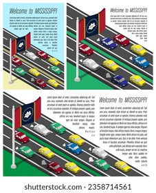 Isometric flag of US state of Mississippi on flagpole fluttering in wind. Crossing of Mississippi border by car travels. Set of information horizontal, square and vertical vector banner