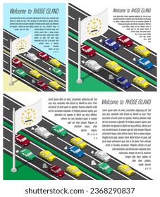 Isometric flag of US state of RHODE ISLAND on flagpole fluttering in wind. Crossing of RHODE ISLAND border by car travels. Set of information horizontal, square and vertical vector banner