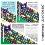 Isometric flag of US state of Wyoming on flagpole fluttering in wind. Crossing of Wyoming border by car travels. Set of information horizontal, square and vertical vector banner