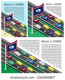 Isometric flag of US state of Wyoming on flagpole fluttering in wind. Crossing of Wyoming border by car travels. Set of information horizontal, square and vertical vector banner