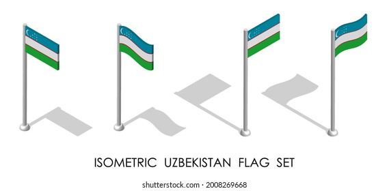 isometric flag of uzbekistan in static position and in motion on flagpole. 3d vector