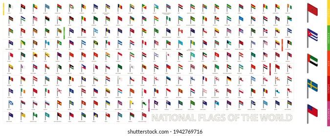 Isometric flags sorted alphabetically and by continent. 3D flag collection. Vector illustration.