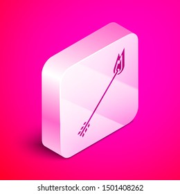 Isometric Flame arrow icon isolated on pink background. Hipster arrow icon. Silver square button. Vector Illustration