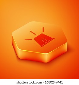 Isometric Flasher siren icon isolated on orange background. Emergency flashing siren. Orange hexagon button. Vector Illustration