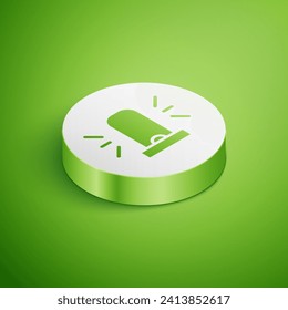 Isometric Flasher siren icon isolated on green background. Emergency flashing siren. White circle button. Vector