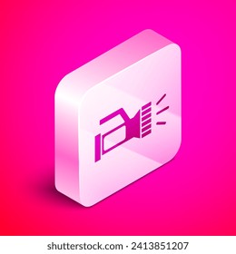 Isometric Flashlight for diver icon isolated on pink background. Diving underwater equipment. Silver square button. Vector