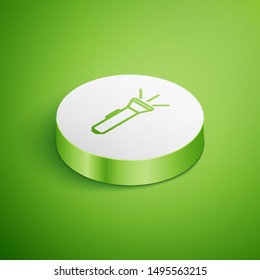 Isometric Flashlight icon isolated on green background. White circle button. Vector Illustration