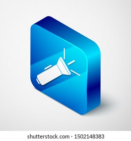 Isometric Flashlight icon isolated on white background. Blue square button. Vector Illustration