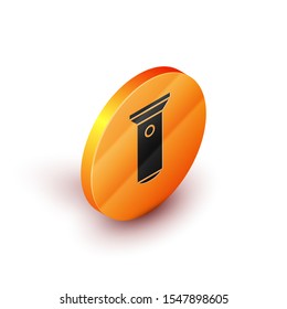 Isometric Flashlight icon isolated on white background. Orange circle button. Vector Illustration