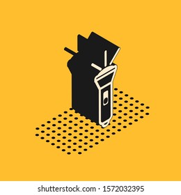 Isometric Flashlight icon isolated on yellow background.  Vector Illustration