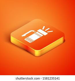 Isometric Flashlight icon isolated on orange background. Tourist flashlight handle.  Vector Illustration
