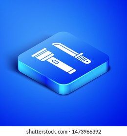 Isometric Flashlight and knife icon isolated on blue background. Blue square button. Vector Illustration