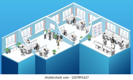 Isometric flat 3d abstract office floor interior departments concept vector. conference hall, offices, workplaces, director of the office interior