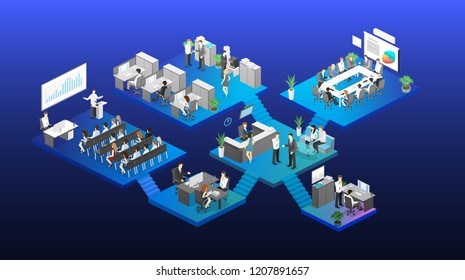 Isometric flat 3d abstract office floor interior departments concept vector. conference hall, offices, workplaces, director of the office interior